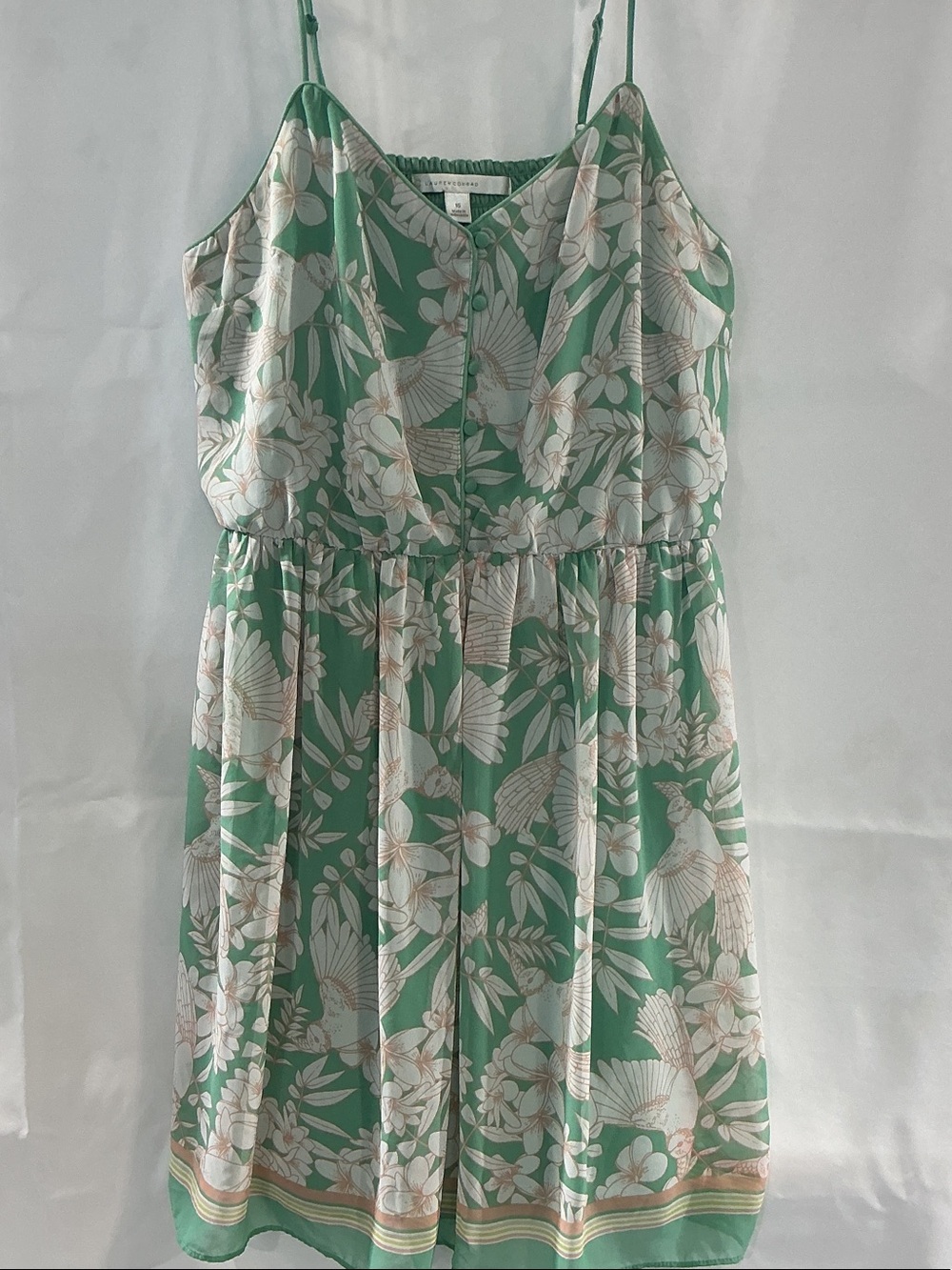 LC Lauren Conrad Green Floral Bird Midi Dress with Ivory Accents